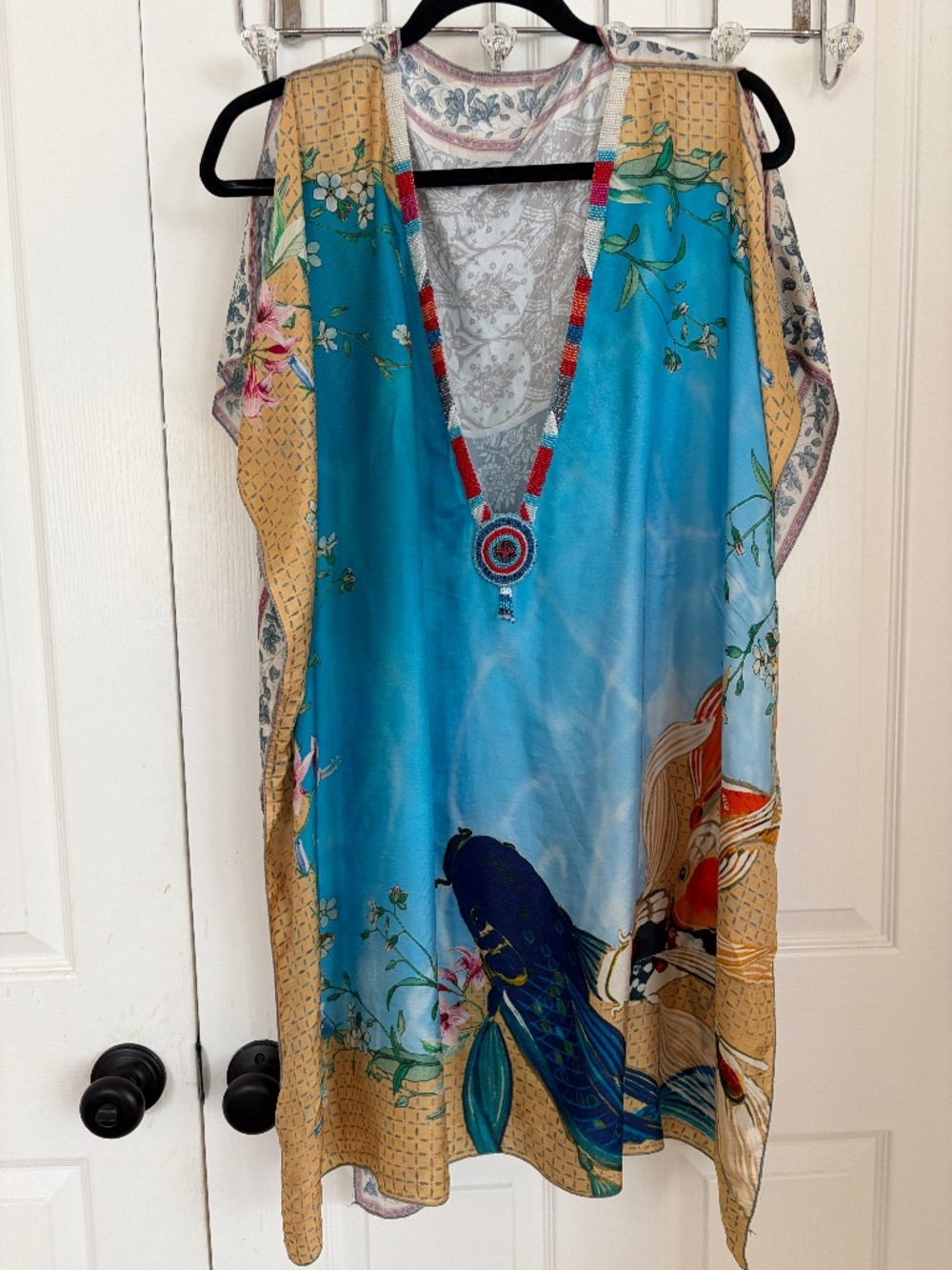 Johnny Was Oronoco Silk Beaded Kaftan Koi Fish with Hand Beaded Neckline Large